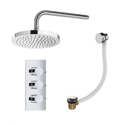 Vade Chrome Double Outlet Concealed Valve with Round Shower Head & Overflow Bath Filler