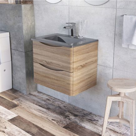Erin Light Oak Wall Hung Vanity Unit with Grey Glass Basin 600mm