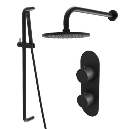 Elora Matt Black Round Dual Outlet Shower Pack with Fixed Head & Slider Rail
