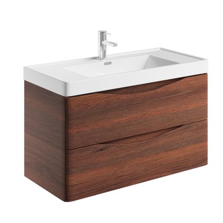 Angled view of the Erin Rosewood Wall Hung Vanity Unit with Ceramic Basin 900mm