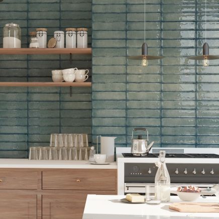 Blue Glossy Ceramic Brick Tile Kitchen Backsplash