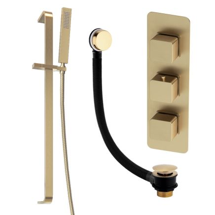 Liva Brushed Gold Triple Control Shower Pack with Slider Rail & Overflow Bath Filler
