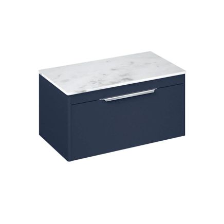Britton Shoreditch Matt Blue Single Drawer Wall Hung Vanity Unit with Carrara White Worktop 850mm