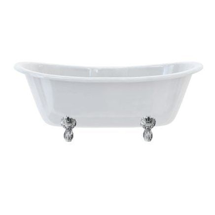 White boat shaped double ended bath with roll top edge and luxury chrome claw feet