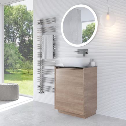 Snowdon 600mm Floor Standing Vanity Unit with Black Worktop in Natural Oak