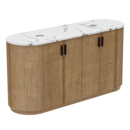 Revel Ribbed Natural Oak Floor Standing Vanity Unit & Marble Worktop with No Tap Hole 1600mm