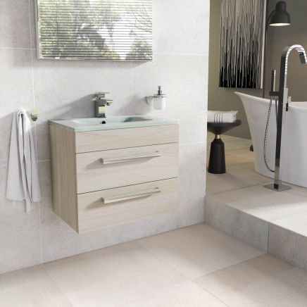 Nante Light Elm Wall Hung Vanity Unit with Glass Basin 600mm