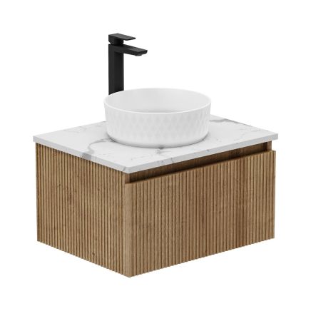 Revel Ribbed Natural Oak Wall Hung Vanity Unit & Marble Worktop with 1 Tap Hole 650mm