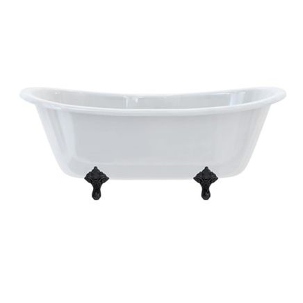 White boat shaped double ended bath with roll top edge and traditional black feet