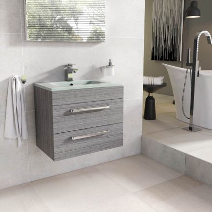 Nante Grey Ash Wall Hung Vanity Unit with Glass Basin 600mm