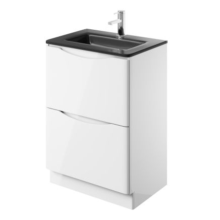 Erin Gloss White Floor Standing Vanity Unit with Grey Glass Basin 600mm