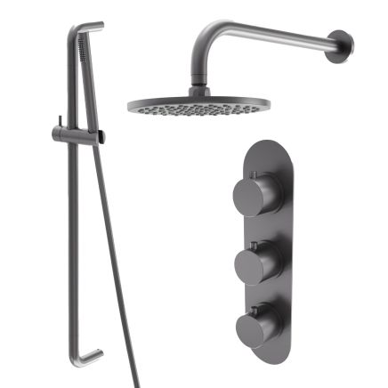 Elora Gunmetal Round Dual Outlet Shower Pack with Fixed Head, Slider Rail & Triple Concealed Valve