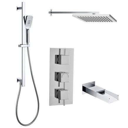 Vade Chrome Triple Outlet Concealed Valve with Square Shower Head, Slide Rail Kit & Bath Spout