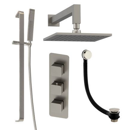 Liva Brushed Nickel Shower Pack with Fixed Head, Slider Rail & Overflow Bath Filler