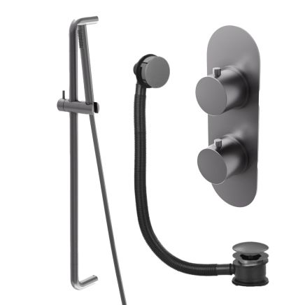 Elora Gunmetal Round Dual Outlet Shower Pack with Slider Rail & Overflow Bath Filler