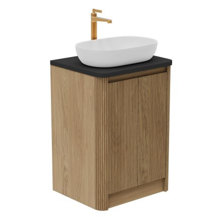 Wish Ribbed Floor Standing Vanity Unit With Doors in Natural Oak with Black Worktop 600mm