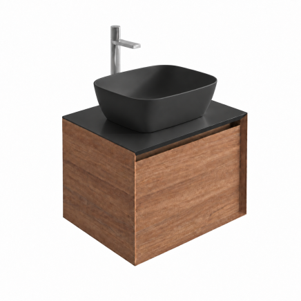 Snowdon Natural Oak Wall Hung Vanity Unit with Black Worktop 600mm pictured with a black basin