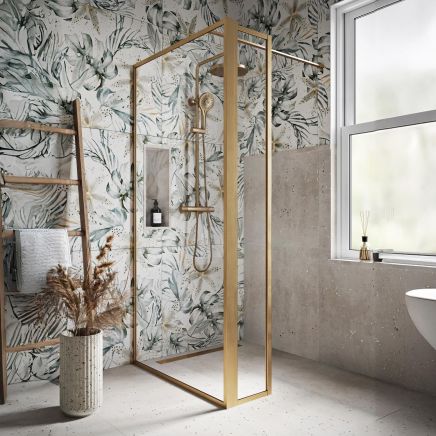 Amien Brushed Gold Clear Glass Pivot Return Panel 300mm