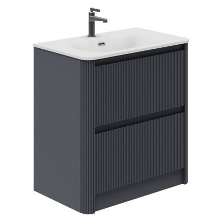 Wish Ribbed 2 Drawer Vanity Unit in Matt Charcoal Grey with White Solid Surface Basin - 800mm size