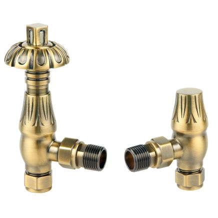 Antique Brass Metal Head Angled Pair of Radiator Valves