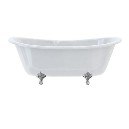White boat shaped double ended bath with roll top edge and traditional chrome feet