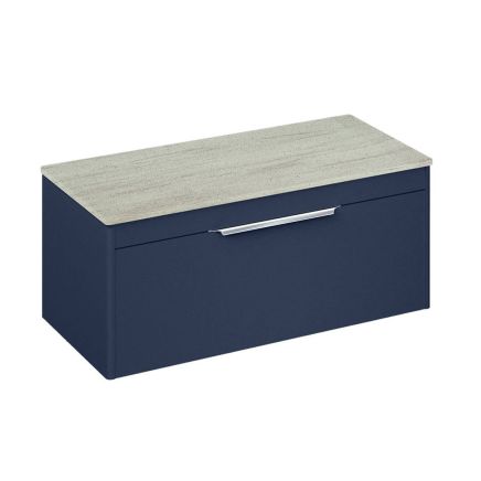 Britton Shoreditch Matt Blue Single Drawer Wall Hung Vanity Unit with Concrete Haze Worktop 1000mm