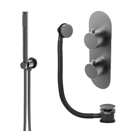 Elora Gunmetal Round Dual Outlet Shower Pack with Bath Overflow Filler & Handheld Shower