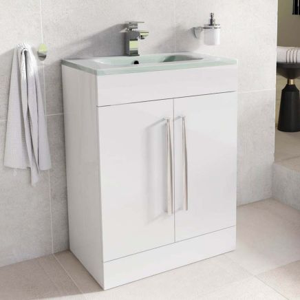 Nante Gloss White Floor Standing Vanity Unit with Glass Basin 600mm