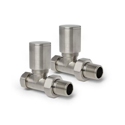 Round Brushed Nickel Straight Pair of Radiator Valves