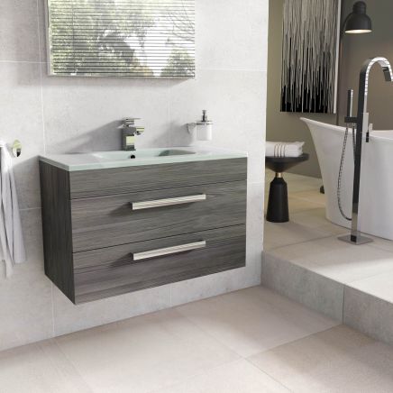 Nante Dark Elm Wall Hung Vanity Unit with Glass Basin 800mm