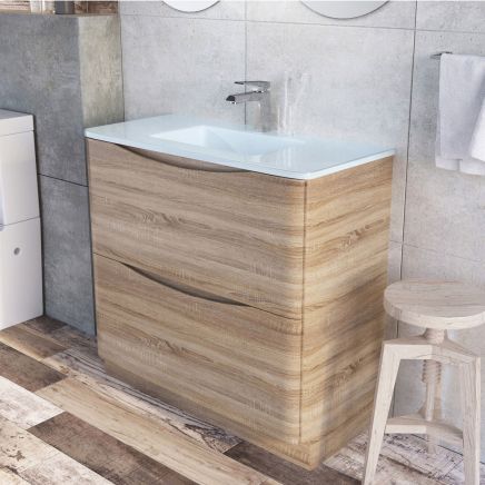 Erin Light Oak Floor Standing Vanity Unit with White Glass Basin 900mm