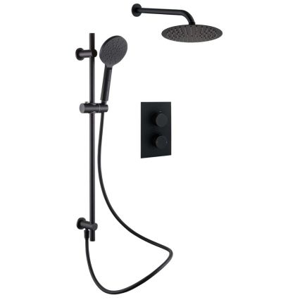 Zena Matt Black Round Double Outlet Valve with Slide Rail Kit, Shower Head and Arm