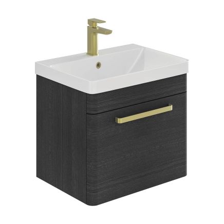 Esk Black Wall Hung Vanity Unit and Basin with Brushed Gold Handles 500mm