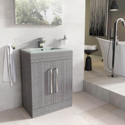 Nante Grey Ash Floor Standing Vanity Unit with Glass Basin 600mm