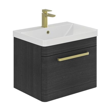 Esk Black Wall Hung Vanity Unit and Basin with Brushed Gold Handles 600mm