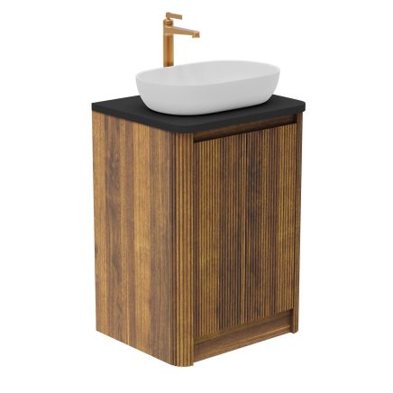 Wish Ribbed Floor Standing Vanity Unit With Doors in Walnut with Black Worktop 600mm