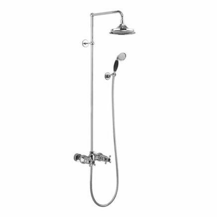 Exposed dual outlet bar valve chrome shower with black accents