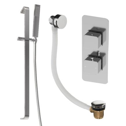Liva Chrome Dual Outlet Square Shower Pack with Slider Rail & Overflow Bath Filler