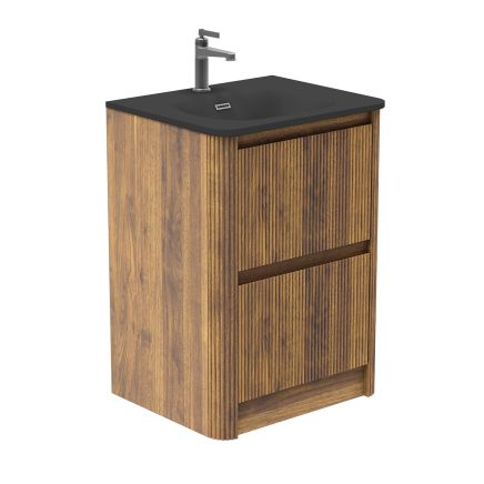 Wish Ribbed Floor Standing Vanity Unit With Drawers in Walnut with Matt Black Basin 600mm