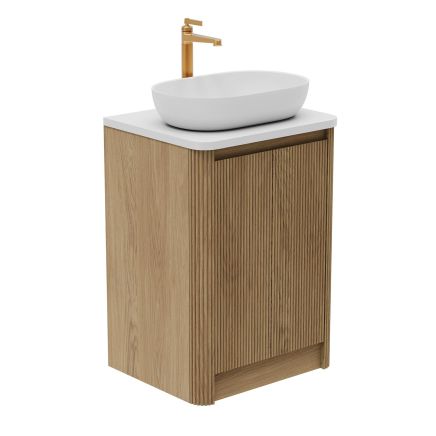 Wish Ribbed Floor Standing Vanity Unit With Doors in Natural Oak with White Worktop - 600mm