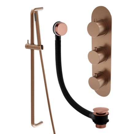 Elora Brushed Bronze Round Triple Control Shower Pack with Slider Rail & Overflow Bath Filler