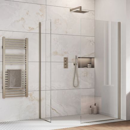 Oxford Nickel Walk-In Wetroom Shower Screen with clear glass panels and nickel trim profile in a modern marble effect tiled bathroom.