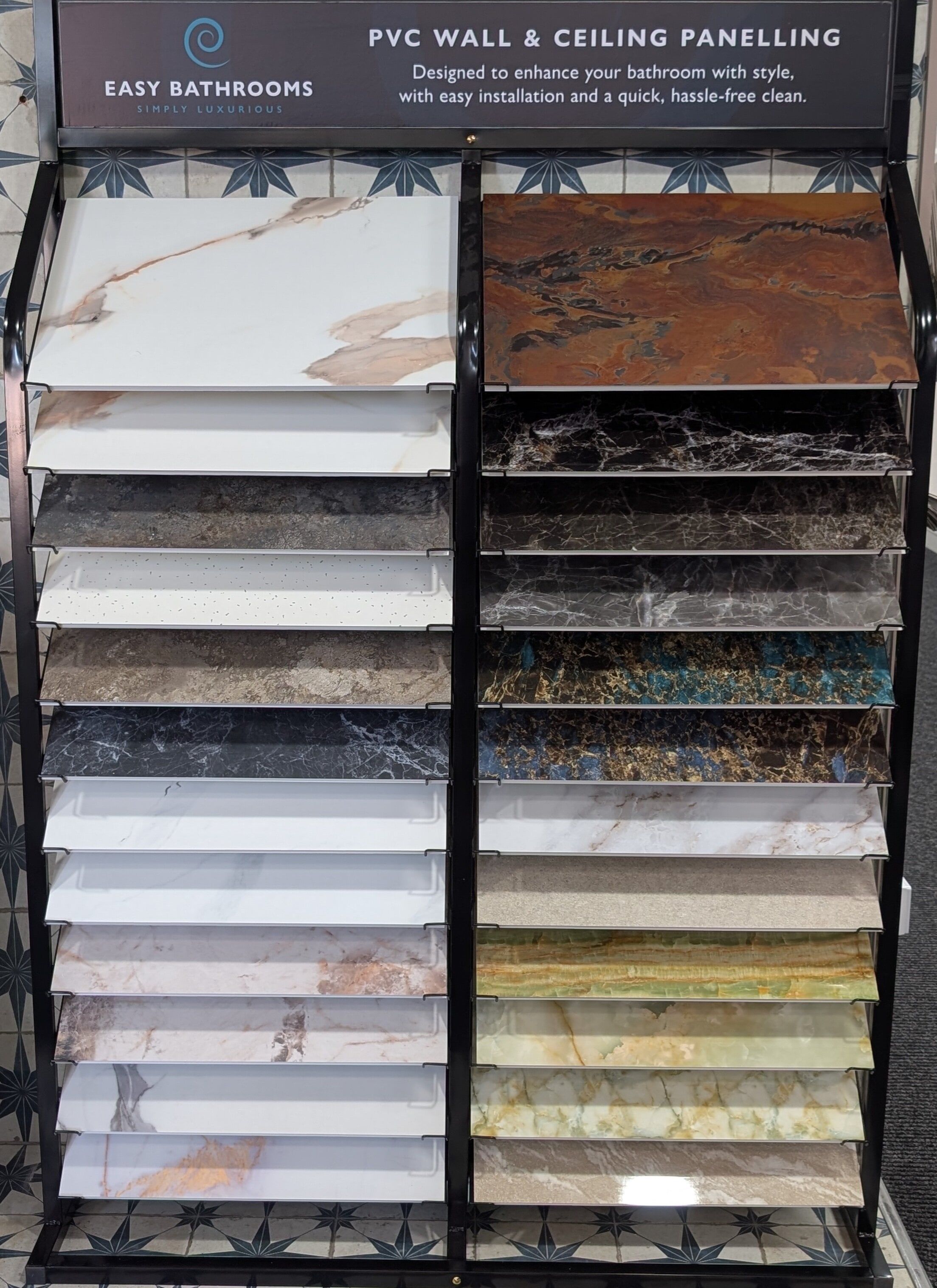A stand showing multiple options for PVC wall panels