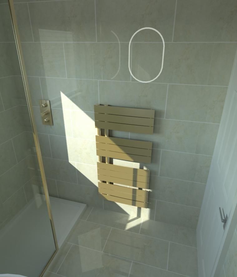 3D bathroom design featuring fitted storage, a wall-hung basin and warm brushed brass details.