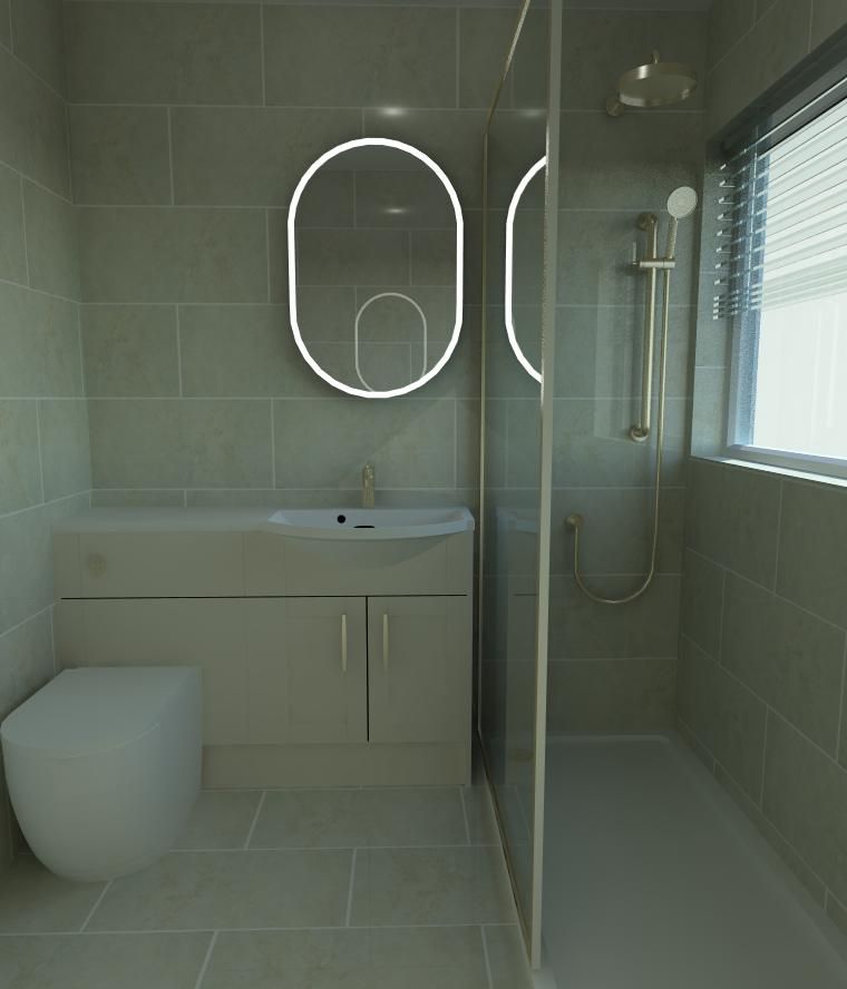 3D bathroom design showing a walk-in shower, wall-hung toilet, vanity unit and illuminated mirror.