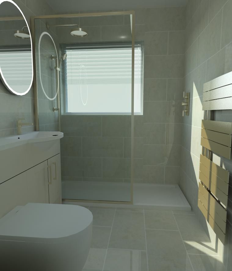 3D view showing the full bathroom layout with a walk-in shower, vanity unit, toilet and window.