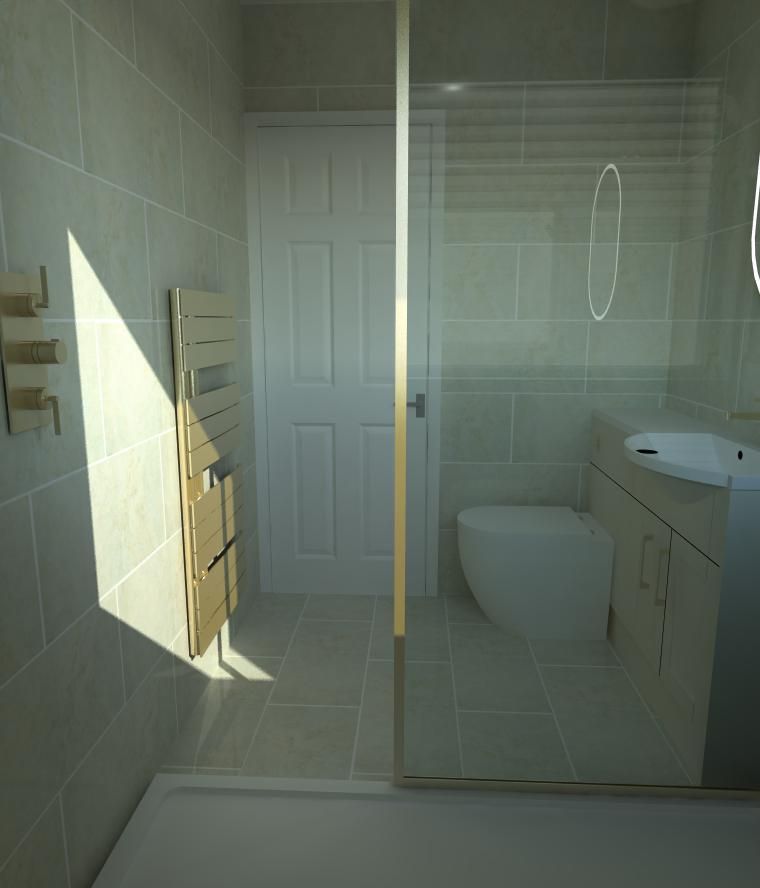 3D view of the walk-in shower and toilet within a compact neutral bathroom layout.