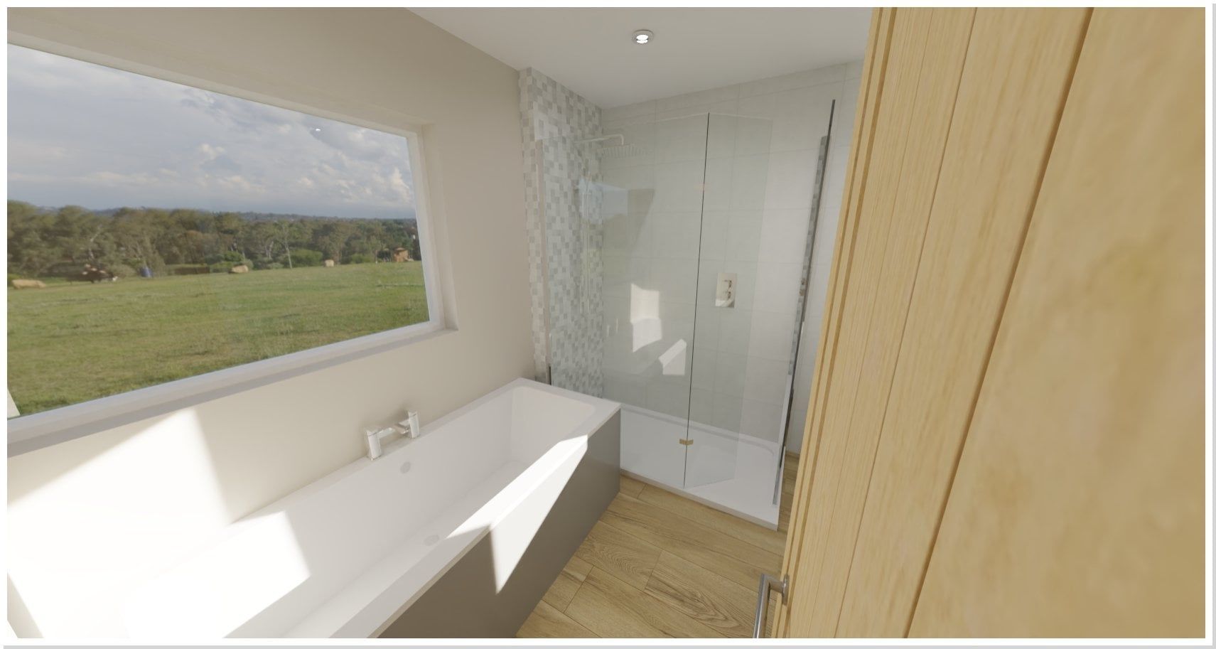 3D bathroom design featuring a bath beneath a window with light neutral tiles and wood-effect storage.