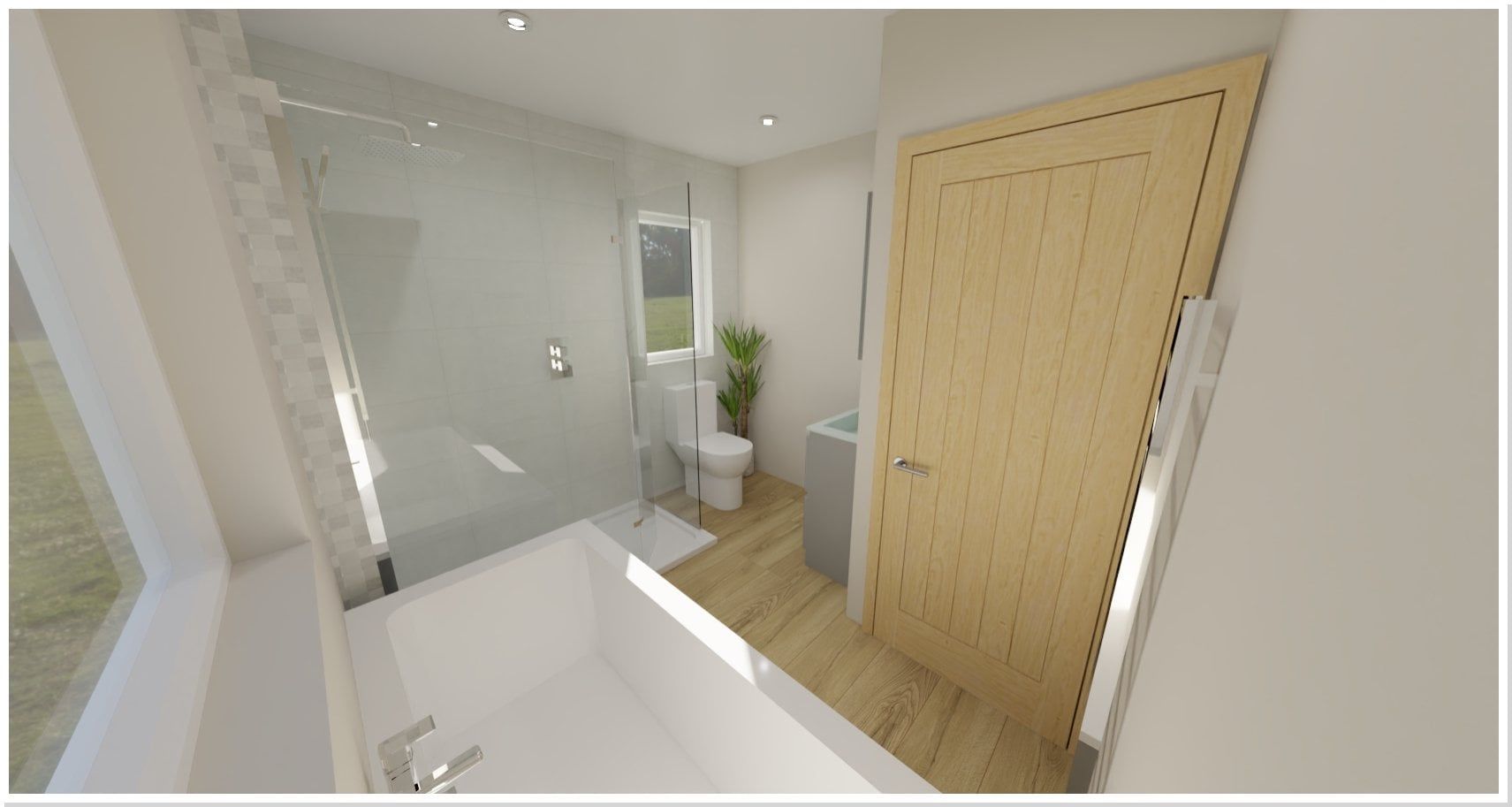 3D bathroom design showing a compact layout with a bath, vanity unit and warm wood-effect furniture.