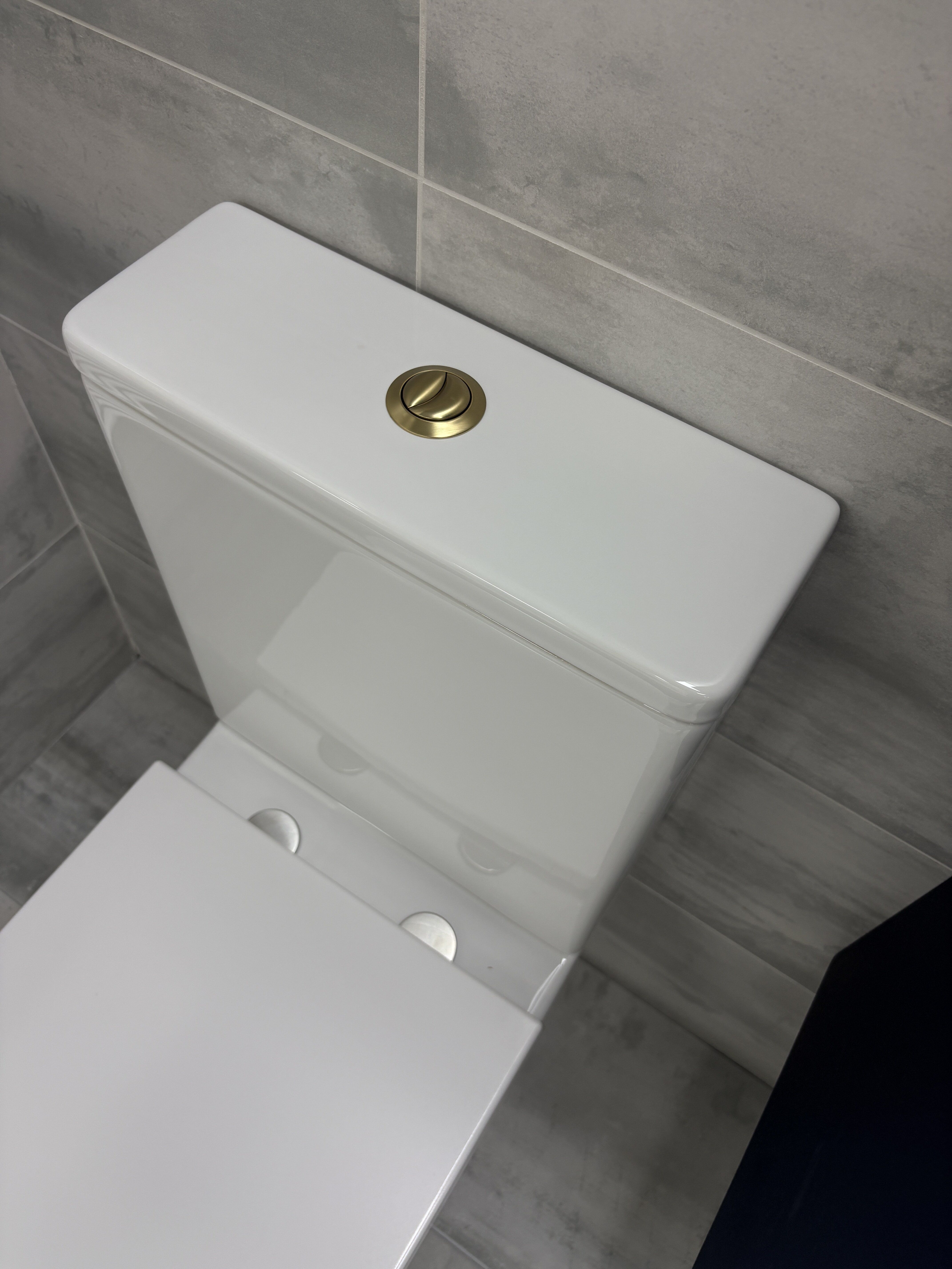 Brushed gold flush button on the modern Elise cycloflush toilet at Easy Bathrooms Colchester